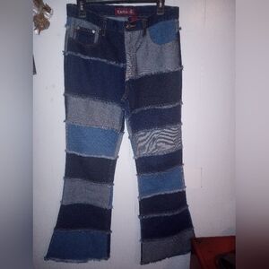 Vintage Y2K-1990s Zana Di Patchwork Blue Denim Jeans Raw Hem Flare Women Size 9